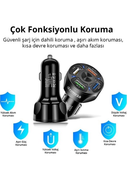 Araç Hızlı Şarj 4 USB 7 A Çoklu Hızlı Şarj + 3 A Hızlı Şarj Kablosu - Type C