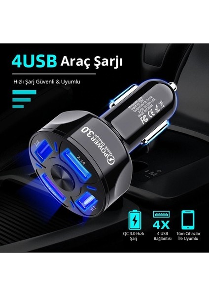 Araç Hızlı Şarj 4 USB 7 A Çoklu Hızlı Şarj + 3 A Hızlı Şarj Kablosu - Type C