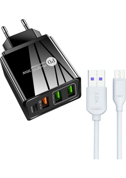 Hızlı Şarj PD20W + Qc3.0 USB + 2.4A Çift USB Çoklu Şarj +  3 A Hızlı Şarj Kablosu - Type C