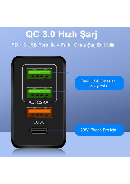 Hızlı Şarj PD20W + Qc3.0 USB + 2.4A Çift USB Çoklu Şarj +  3 A Hızlı Şarj Kablosu - Type C