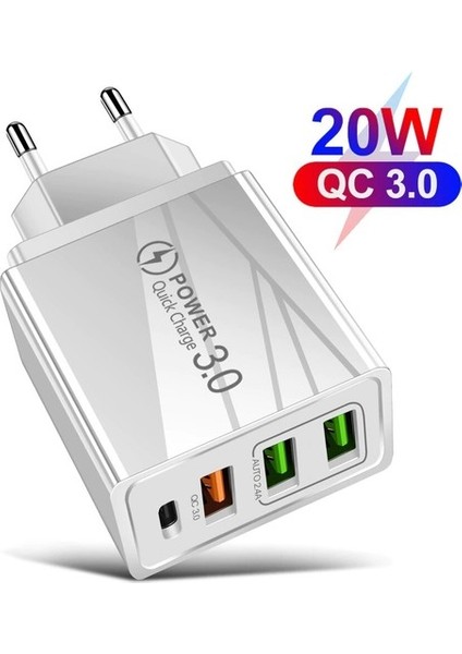 Hızlı Şarj PD20W + Qc3.0 USB + 2.4A Çift USB Çoklu Şarj +  3 A Hızlı Şarj Kablosu - Micro USB