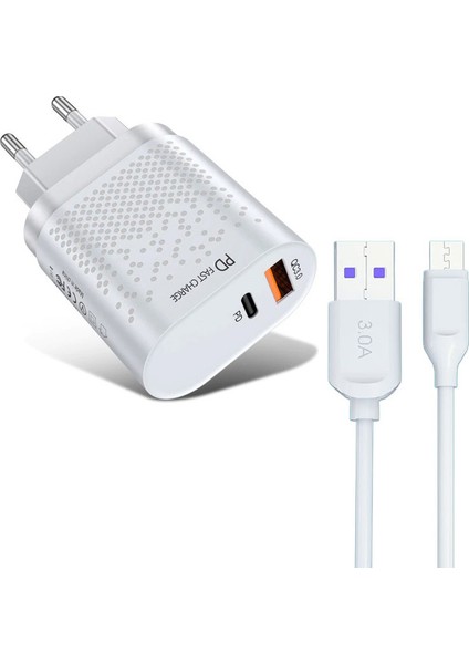 20 W 3 Amper 1 Pd + 1 USB Portlu Hızlı Şarj Cihaz - Çoklu Şarj +  3 A Hızlı Şarj Kablosu - Type C