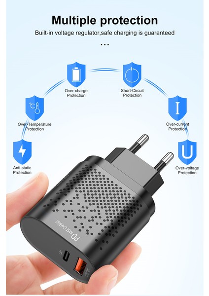 20 W 3 Amper 1 Pd + 1 USB Portlu Hızlı Şarj Cihaz - Çoklu Şarj +  3 A Hızlı Şarj Kablosu - Pd