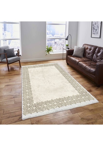 Bazaarforum Dekoratif Saçaklı Mermer Desen Yeni Model Pvc Deri Kaymaz Taban Dijital Baskı Halı CK-506 180X280CM