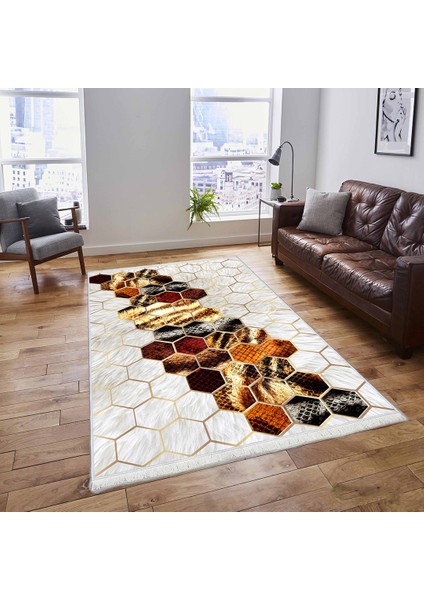 Bazaarforum Dekoratif Saçaklı Mermer Desen Yeni Model Pvc Deri Kaymaz Taban Dijital Baskı Halı CK-514 80X200CM