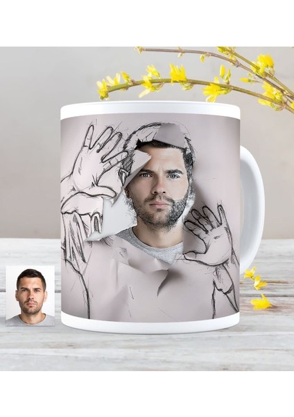 Kişiye Özel Erkek Soyut Karakalem Tasarımlı Beyaz Kupa Bardak - 2