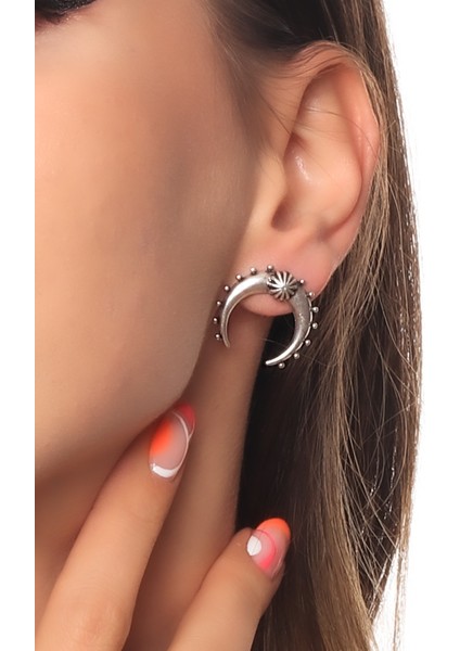 Kadın Antik Gümüş Kaplama Çivili Model Ay Küpe