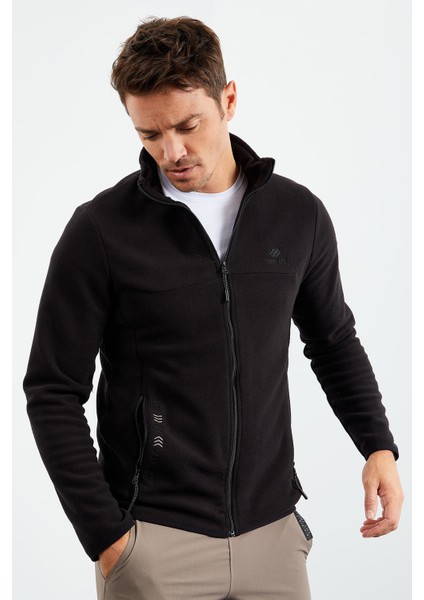 Siyah Erkek Yazı Nakışlı Dik Yaka Fermuarlı Standart Kalıp Sweatshirt Polar - 87992