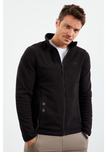 Siyah Erkek Yazı Nakışlı Dik Yaka Fermuarlı Standart Kalıp Sweatshirt Polar - 87992