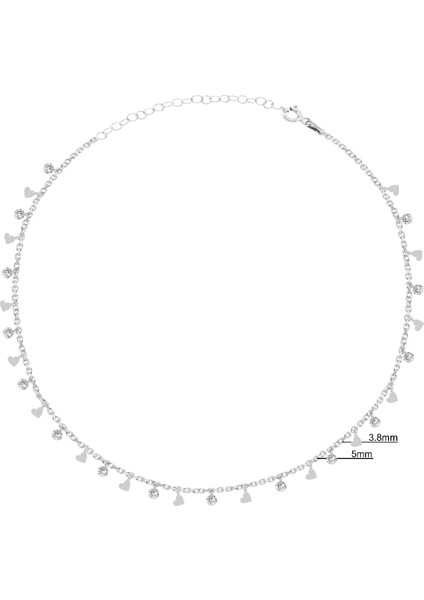 Zirkon Taşlı Pırlanta Montür Gümüş Rengi Kaplama Kalpli Sıralı Taşlı Gümüş Kolye