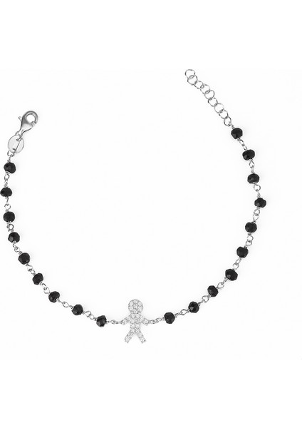 Zirkon Taşlı Pırlanta Montür Gümüş Rengi Altın Kaplama Siyah Rosary Çoçuk Adam Gümüş Bileklik
