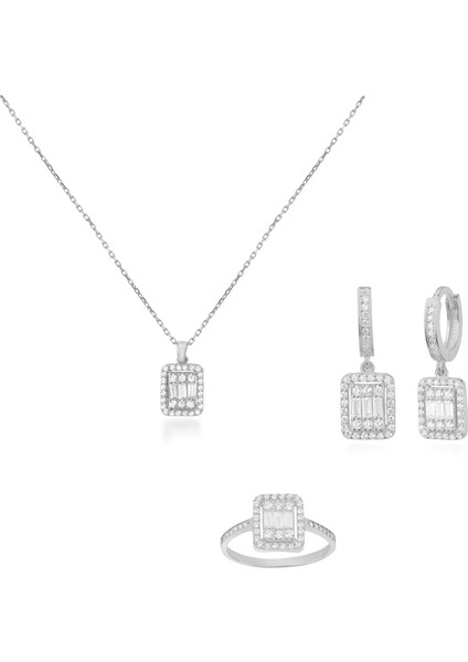 Baget Taşlı Rodyum Kaplama Üçlü Gümüş Set