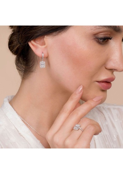 Baget Taşlı Rodyum Kaplama Üçlü Gümüş Set