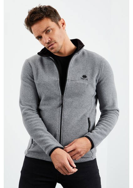 Gri Melanj Erkek Yazı Nakışlı Dik Yaka Fermuarlı Standart Kalıp Sweatshirt Polar - 87992