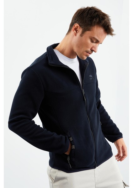Lacivert Erkek Yazı Nakışlı Dik Yaka Fermuarlı Standart Kalıp Sweatshirt Polar - 87992