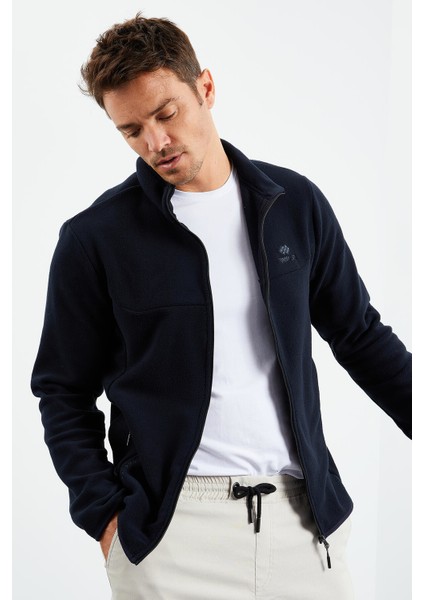 Lacivert Erkek Yazı Nakışlı Dik Yaka Fermuarlı Standart Kalıp Sweatshirt Polar - 87992 modelleri