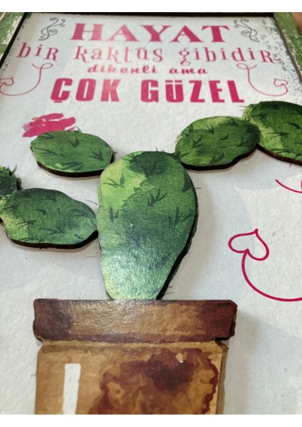 3 Boyutlu Ahşap Tablo - Hayat Bir Kaktüs Gibidir Salon Oturma Odası Yatak Odası Mutfak Için 3D Görünümlü Mdf Duvar Dekoru 20 x 30 cm