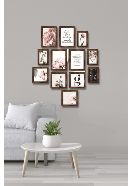 12 Parça Ahşap Tablo Seti Pembe Çiçekler Salon Otuma Odası Yatak Odası Için Mdf Duvar Dekoru 75 x 60 cm