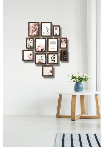 12 Parça Ahşap Tablo Seti Pembe Çiçekler Salon Otuma Odası Yatak Odası Için Mdf Duvar Dekoru 75 x 60 cm