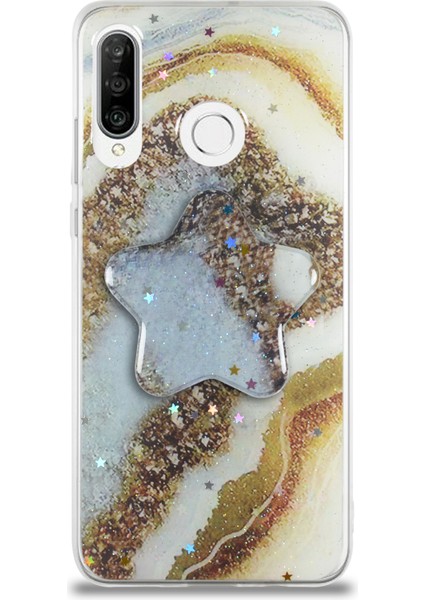 Caseworld Huawei P30 Lite Kapak Mermer Desenli Pop Socketli Silikon Kılıf - Gold