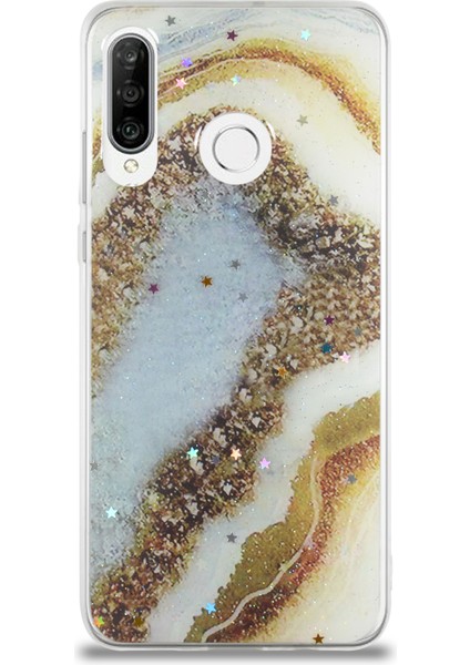 Caseworld Huawei P30 Lite Kapak Mermer Desenli Pop Socketli Silikon Kılıf - Gold