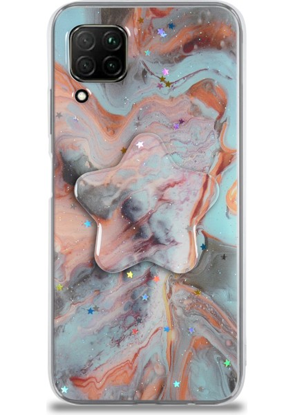 Caseworld Huawei P40 Lite Kapak Mermer Desenli Pop Socketli Silikon Kılıf - Mercan