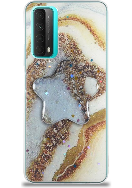 Caseworld Huawei P Smart 2021 Kapak Mermer Desenli Pop Socketli Silikon Kılıf - Gold