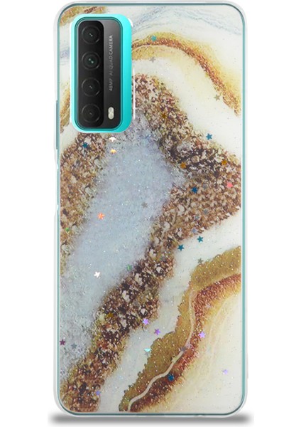 Caseworld Huawei P Smart 2021 Kapak Mermer Desenli Pop Socketli Silikon Kılıf - Gold