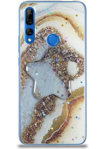 Caseworld Huawei Y9 Prime 2019 Kapak Mermer Desenli Pop Socketli Silikon Kılıf - Gold