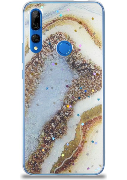 Caseworld Huawei Y9 Prime 2019 Kapak Mermer Desenli Pop Socketli Silikon Kılıf - Gold