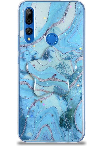 Caseworld Huawei Y9 Prime 2019 Kapak Mermer Desenli Pop Socketli Silikon Kılıf - Mavi