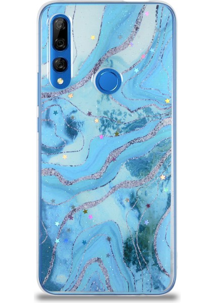 Caseworld Huawei Y9 Prime 2019 Kapak Mermer Desenli Pop Socketli Silikon Kılıf - Mavi