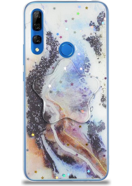 Caseworld Huawei Y9 Prime 2019 Kapak Mermer Desenli Pop Socketli Silikon Kılıf - Mor