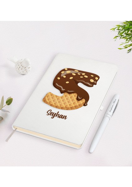 Kişiye Özel Çikolata Harfli Beyaz Defter + Kalem Seti-1