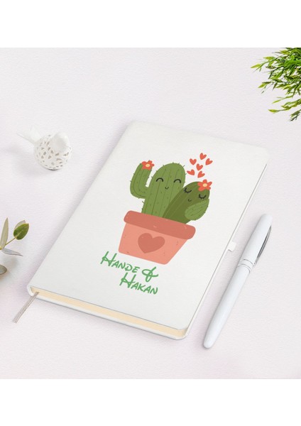 Kişiye Özel Kaktüs Tasarımlı Beyaz Defter + Kalem Seti-11