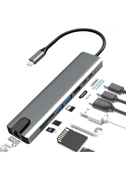 8 In 1 Ethernet Sd USB Type C Hub HDMI Girişli Çevirici Çoklayıcı