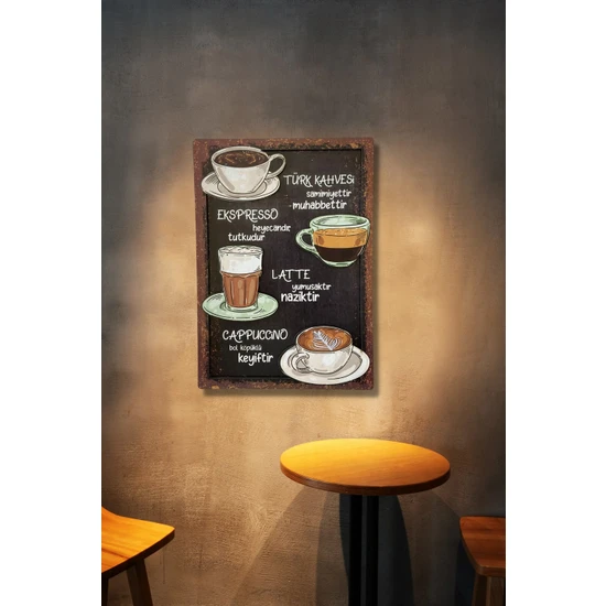 3 Boyutlu Ahşap Tablo  Kahve Çeşitleri Mutfak Cafe Için 3D Görünümlü Mdf Duvar Dekoru 20 x 30 cm