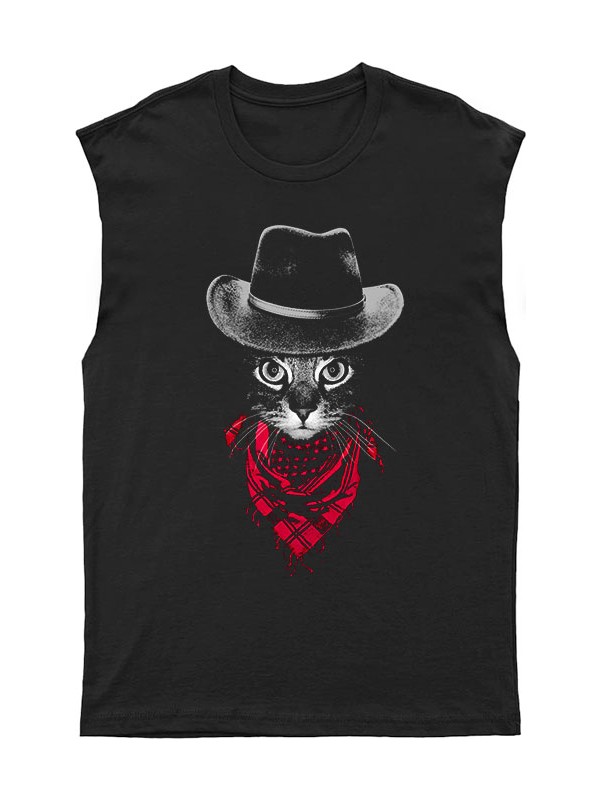 Tişört Fabrikası Şapkalı Kedi Desenli Unisex Kolsuz Tişört, Kesik Kol T-Shirt