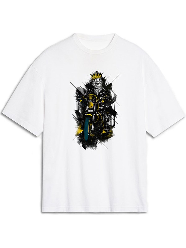 Tişört Fabrikası Motorsiklet Aslan Desenli Unisex Oversize Tişört Oversize T-Shirt