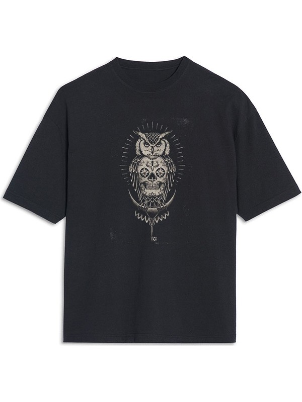 Tişört Fabrikası Kurukafa Baykuş Desenli Unisex Oversize Tişört Oversize T-Shirt