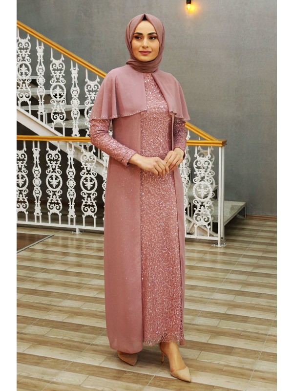 Feiza Collection Omuzları Pelerinli Tesettür Abiye Elbise - Pudra