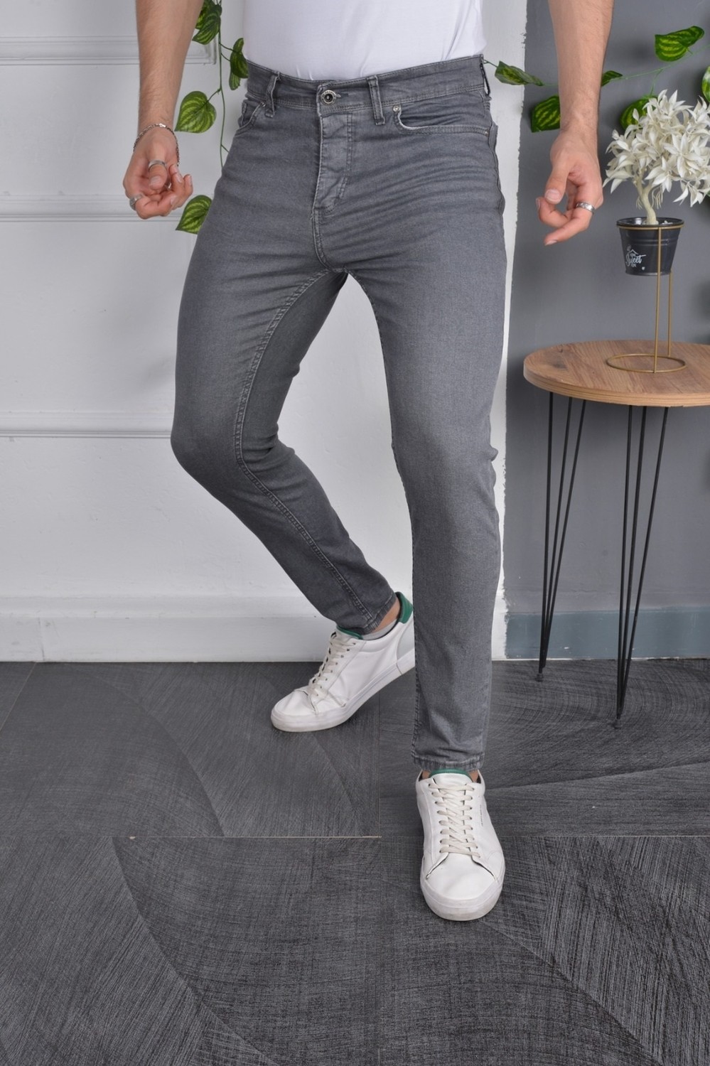 Drontin Erkek Jeans Skinny Fit Likralı Antrasit Gri Dar Paça Kot Pantolon