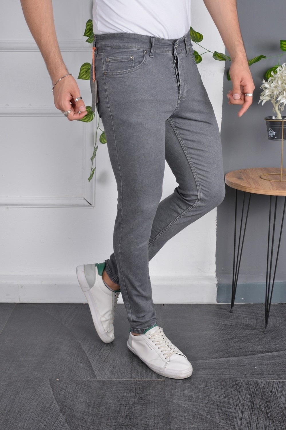 Drontin Erkek Jeans Skinny Fit Likralı Antrasit Gri Dar Paça Kot Pantolon görsel 2