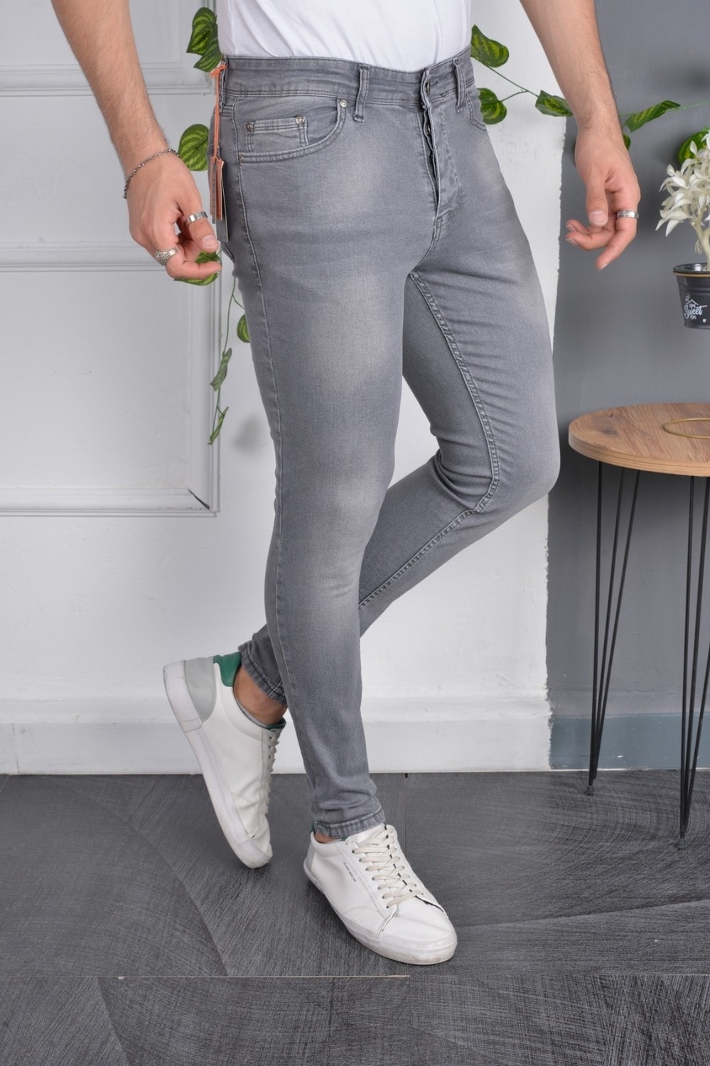 Drontin Erkek Jeans Skinny Fit Likralı Eskitilmiş Görünümlü Gri Dar Paça Kot Pantolon görsel 2