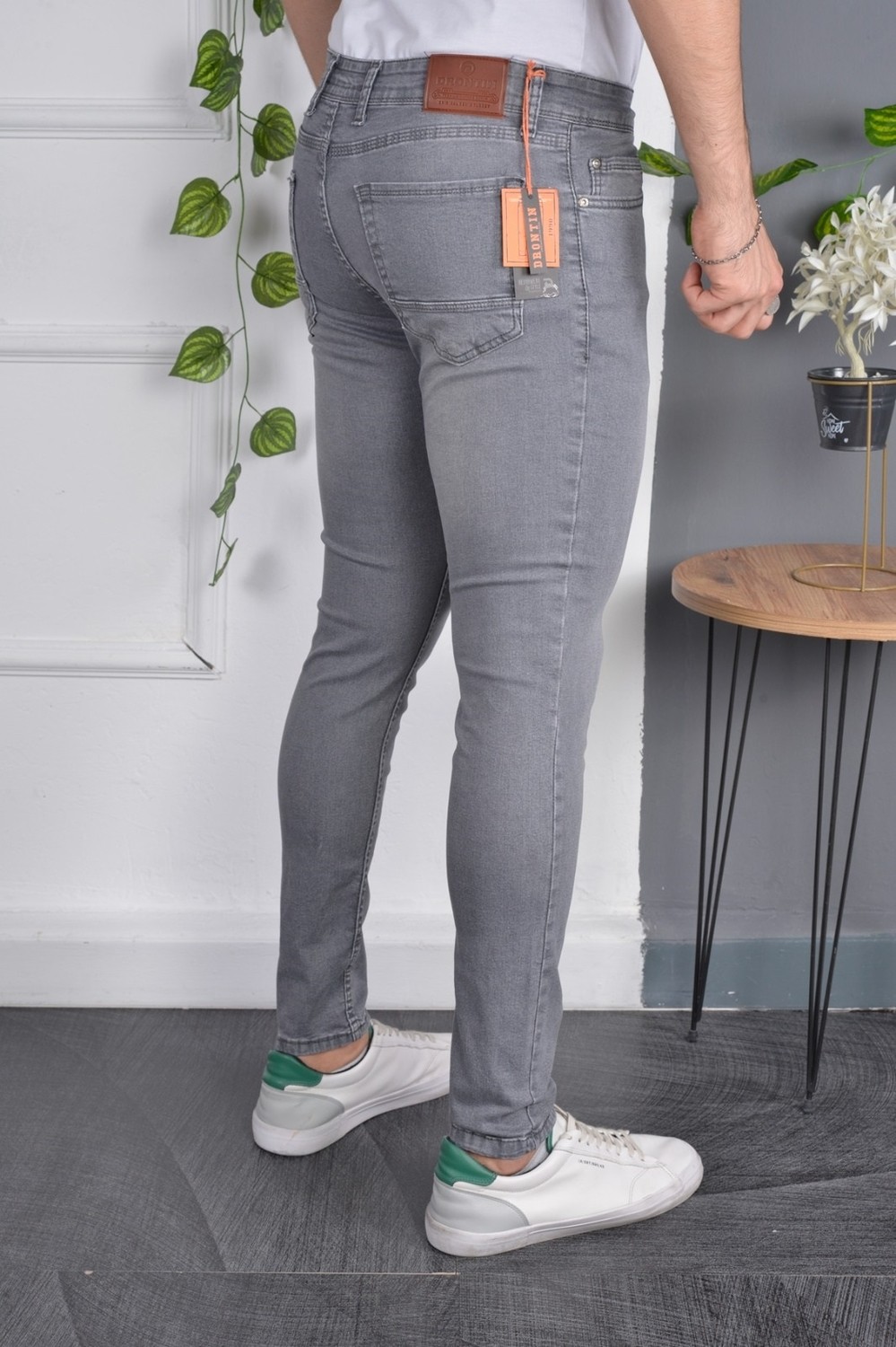 Drontin Erkek Jeans Skinny Fit Likralı Eskitilmiş Görünümlü Gri Dar Paça Kot Pantolon görsel 3