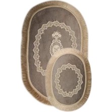 Bonny Home Exclusive Oval Gri Püsküllü 3lü Klozet Takımı Çeyizlik Banyo Halısı Paspası Seti