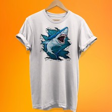 Remonz Köpekbalığı Baskılı %100 Pamuk Oversize T-Shirt Büyük Beden Tişört