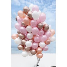 Trend Hediye Sepeti Metalik Sedefli Beyaz - Pembe - Rose Gold Krom Gold Balon 20 Adet