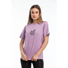 Argentum Look Kadın Lila Kedi Nakışlı %100 Pamuk Oversize T-Shirt