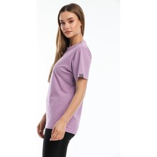 Argentum Look Kadın Lila Kedi Nakışlı %100 Pamuk Oversize T-Shirt